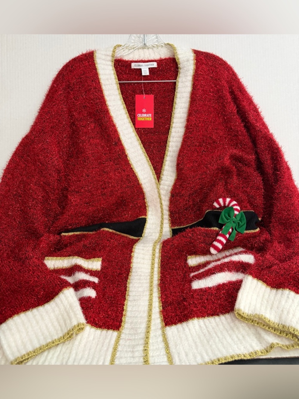 Celebrate Together Red Christmas Cardigan with Candy Cane Accent